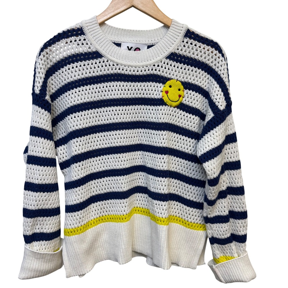 Kerri Rosenthal XOKR Striped Smiley Face Sweater White Navy Blue Yellow Womens M